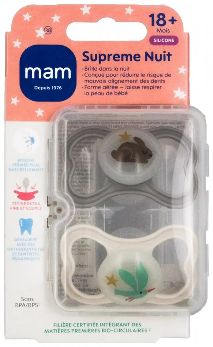 MAM 2 Fopspenen Supreme Nuit 18 Maanden en + (Kleur : Bruin konijn en vogel)