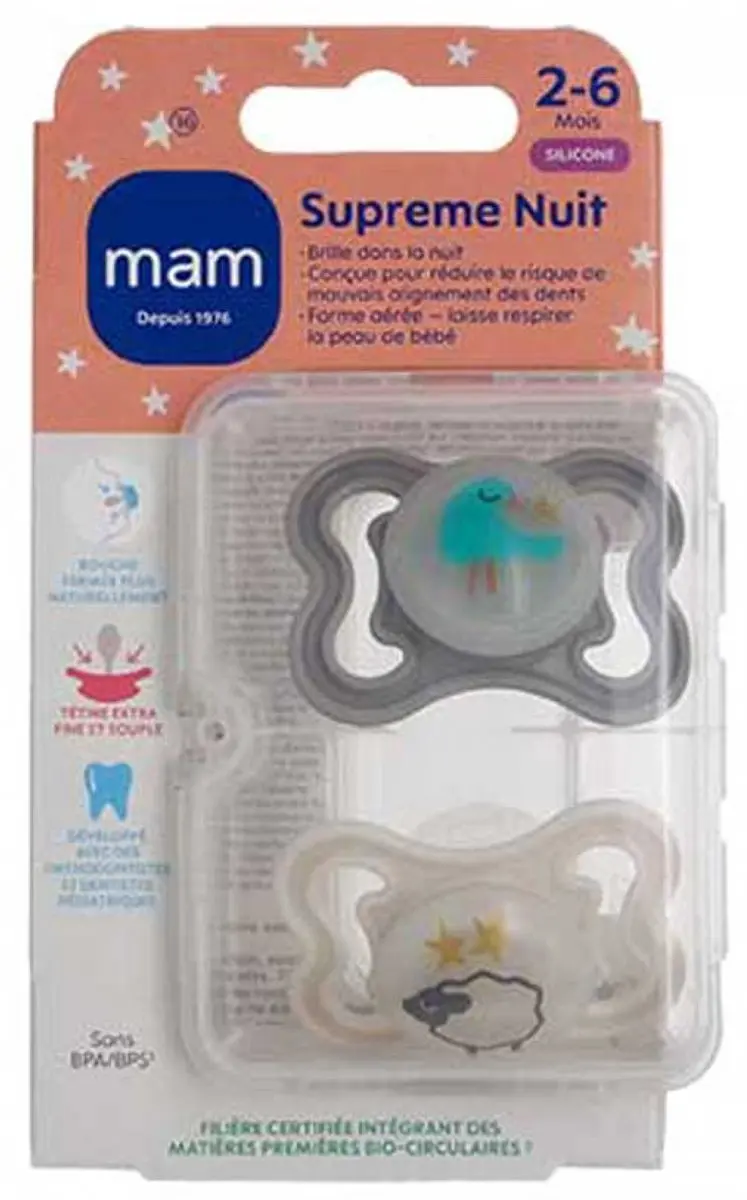 MAM 2 Spenen Supreme Nacht 2-6 Maanden (Modellen : Vogels en schapen)