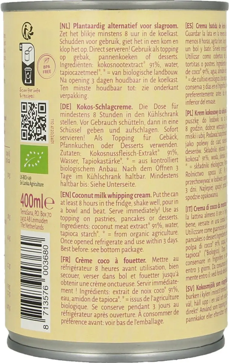 Terrasana Bio Kokosmelk Slagroom 400ml