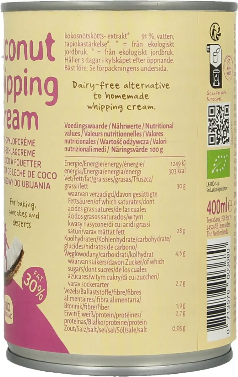Terrasana Bio Kokosmelk Slagroom 400ml