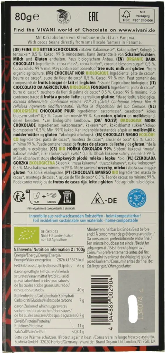 Vivani Chocolade Feine Bitter 99% - 80g - afbeelding 2 van 5
