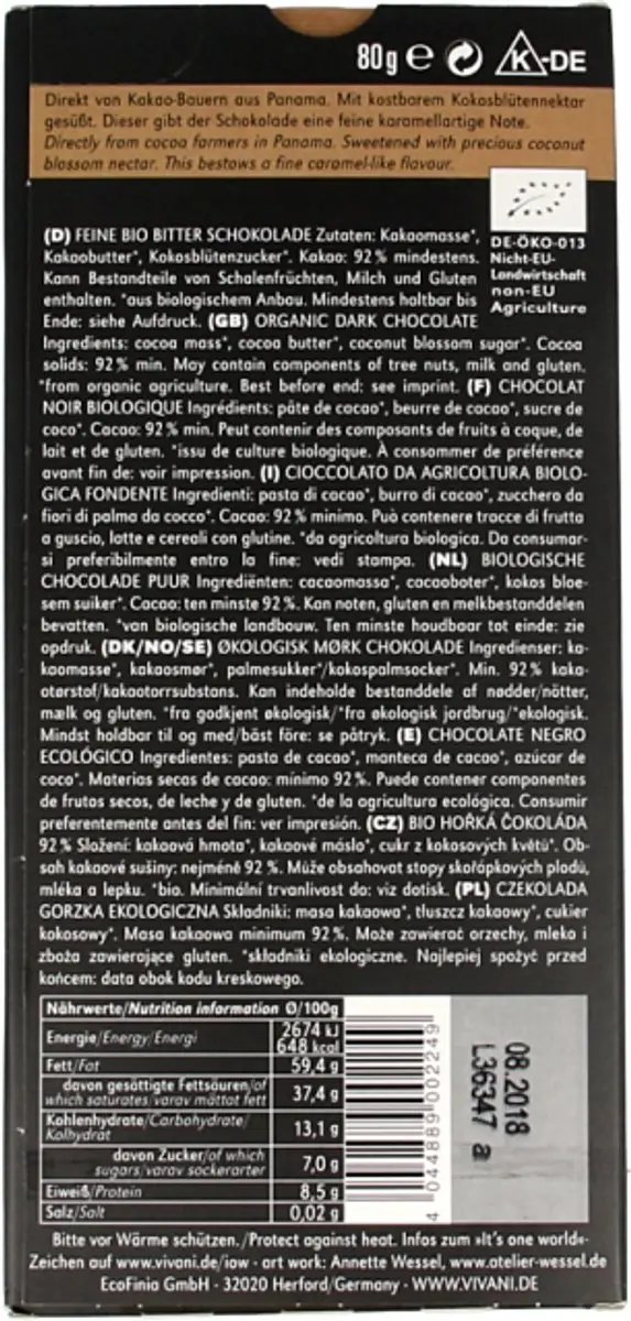 Vivani Chocolade Feine Bitter 92% 80g - afbeelding 2 van 6