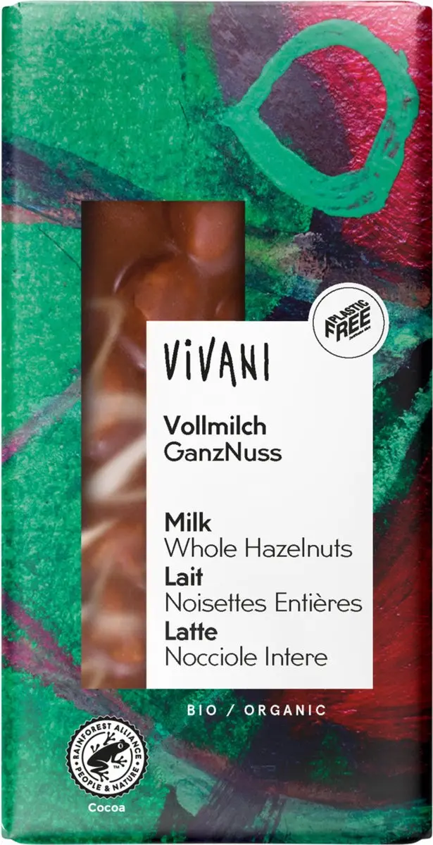 Vivani Melk Chocoladereep Hele Hazelnoten 100g