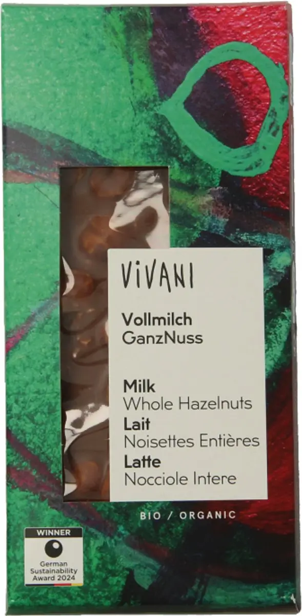 Vivani Melk Chocoladereep Hele Hazelnoten 100g - afbeelding 4 van 5