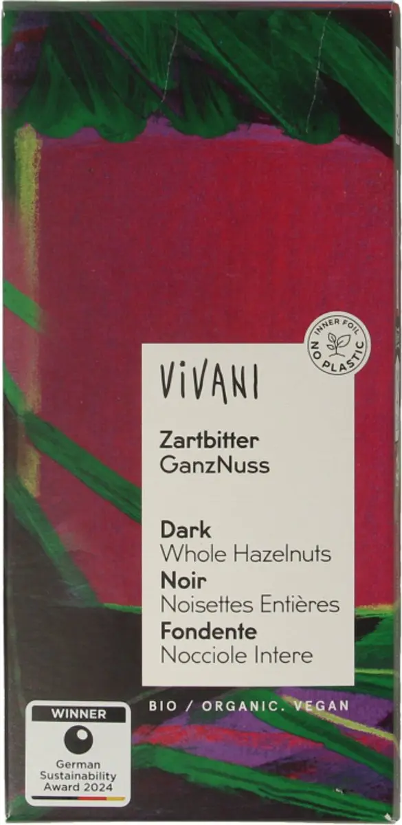 Vivani Puur Hazelnoot Chocoladereep 100g - afbeelding 4 van 5
