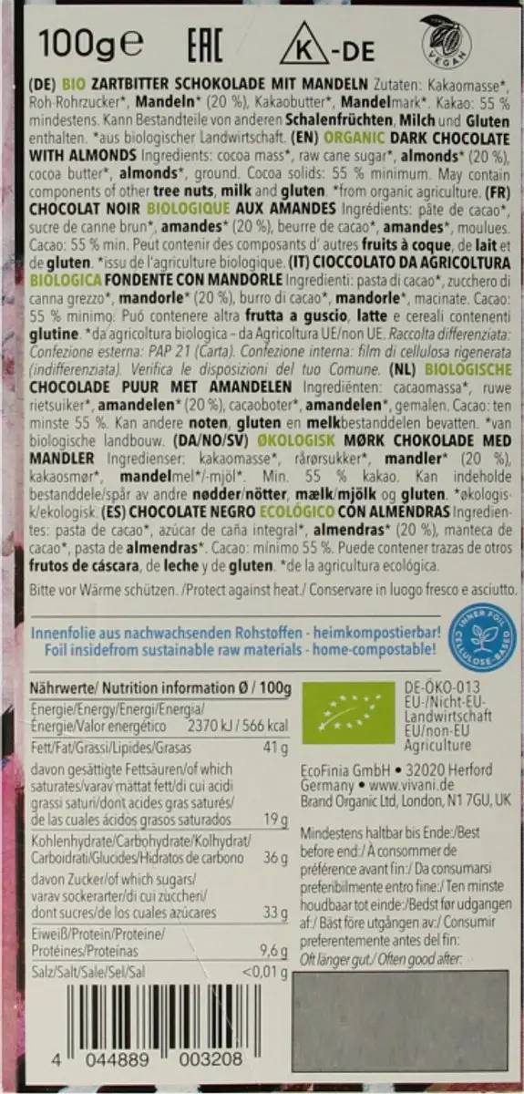 Vivani Puur Amandelen Chocoladereep 100g - afbeelding 3 van 5
