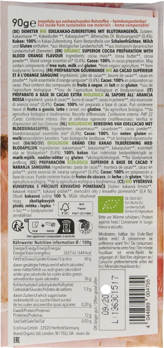 Vivani Chocolade Bloedsinaasappel Bio 90g - afbeelding 2 van 2