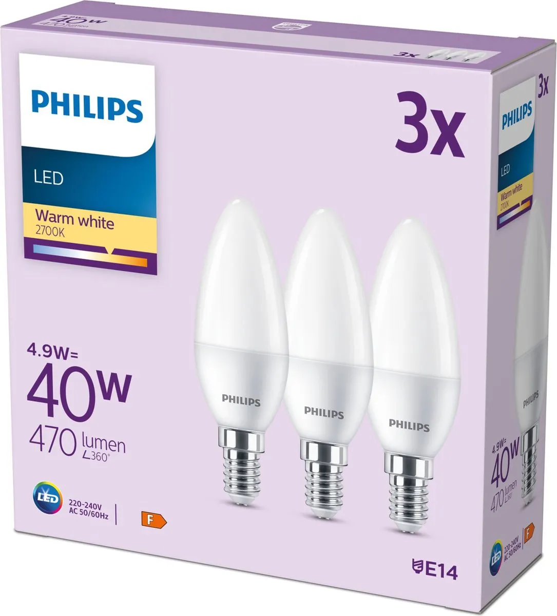 Philips LED Kaarslamp Mat 4.9W E14 Warmwit - 3 Stuks