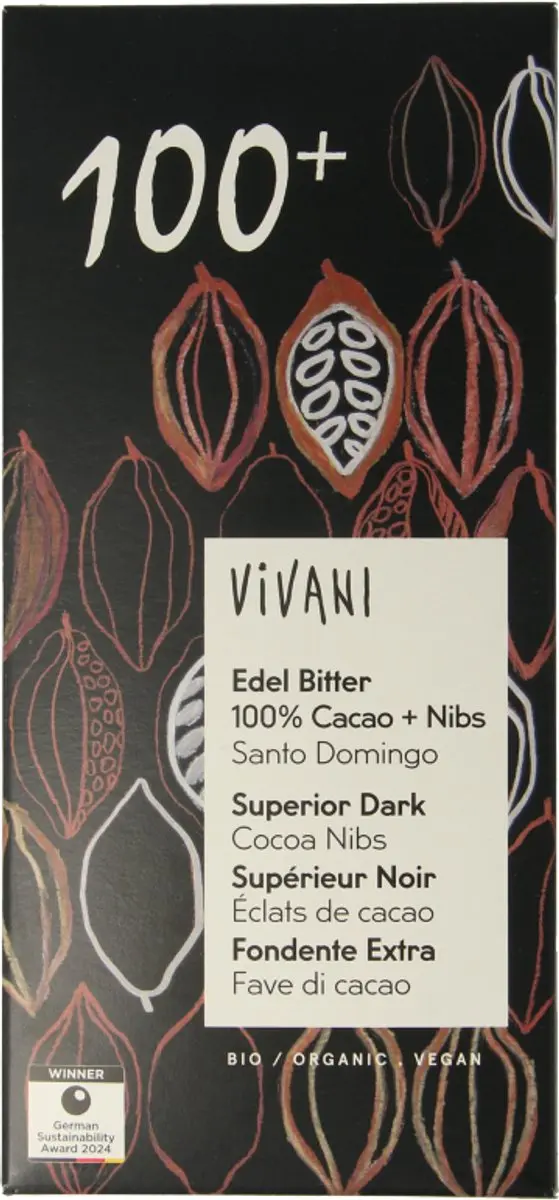 Vivani Puur 100+% Cacao Chocoladereep 80g - afbeelding 4 van 5