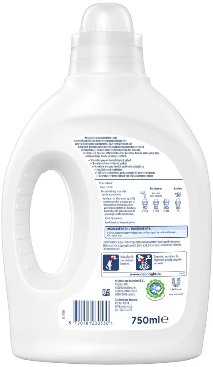 Neutral Parfumvrij Wasverzachter 0.75L - 27 Wasbeurten - afbeelding 3 van 6