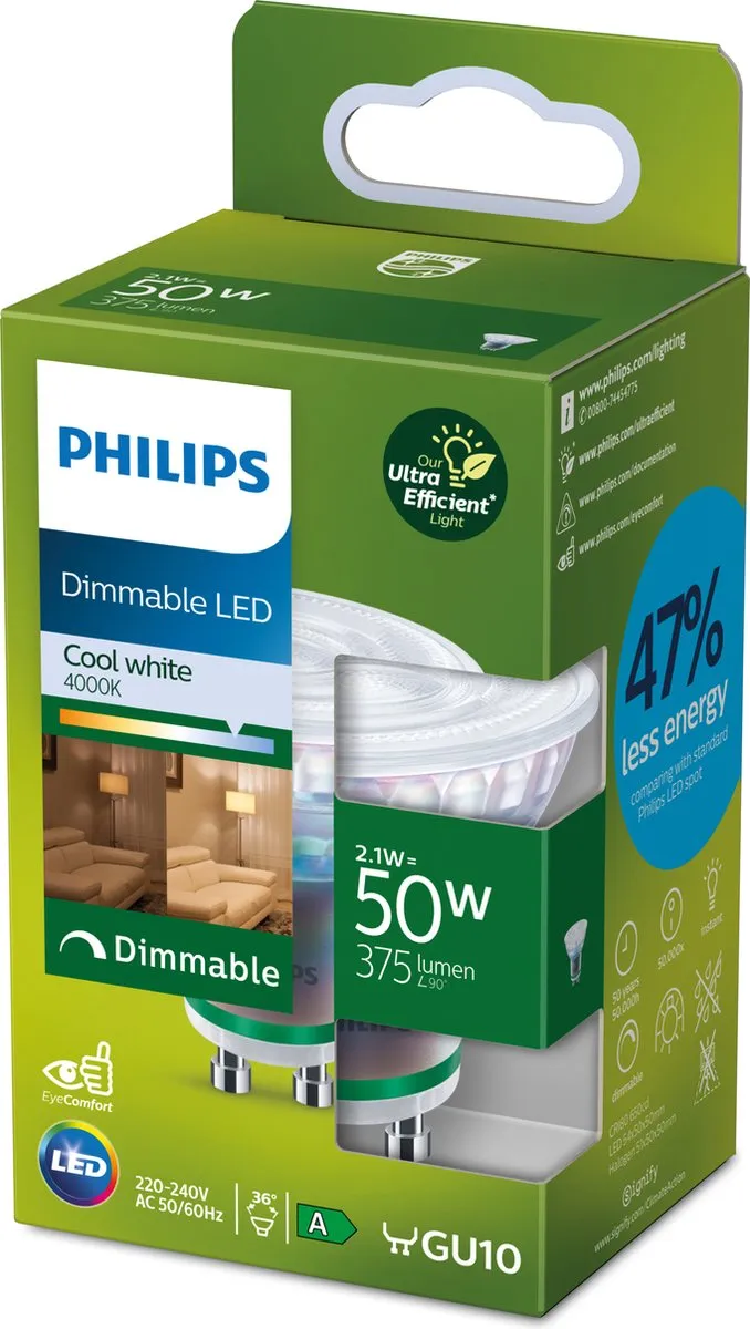 Philips Ultra Efficient LED Spot GU10 2.1W - Koelwit 4000K