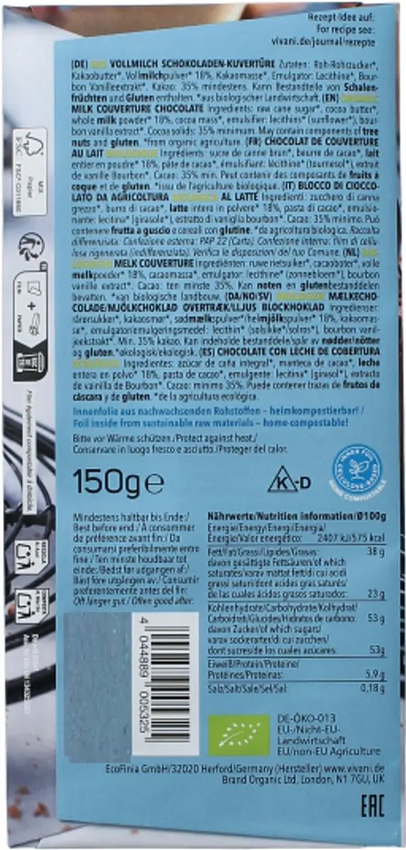 Vivani Bio Melkkookchocolade 150g