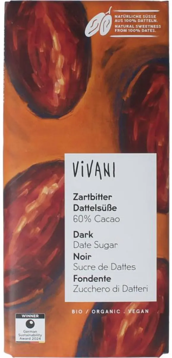 Vivani Dark Date Sugar 60% Cacao Chocolade 80g - afbeelding 2 van 2