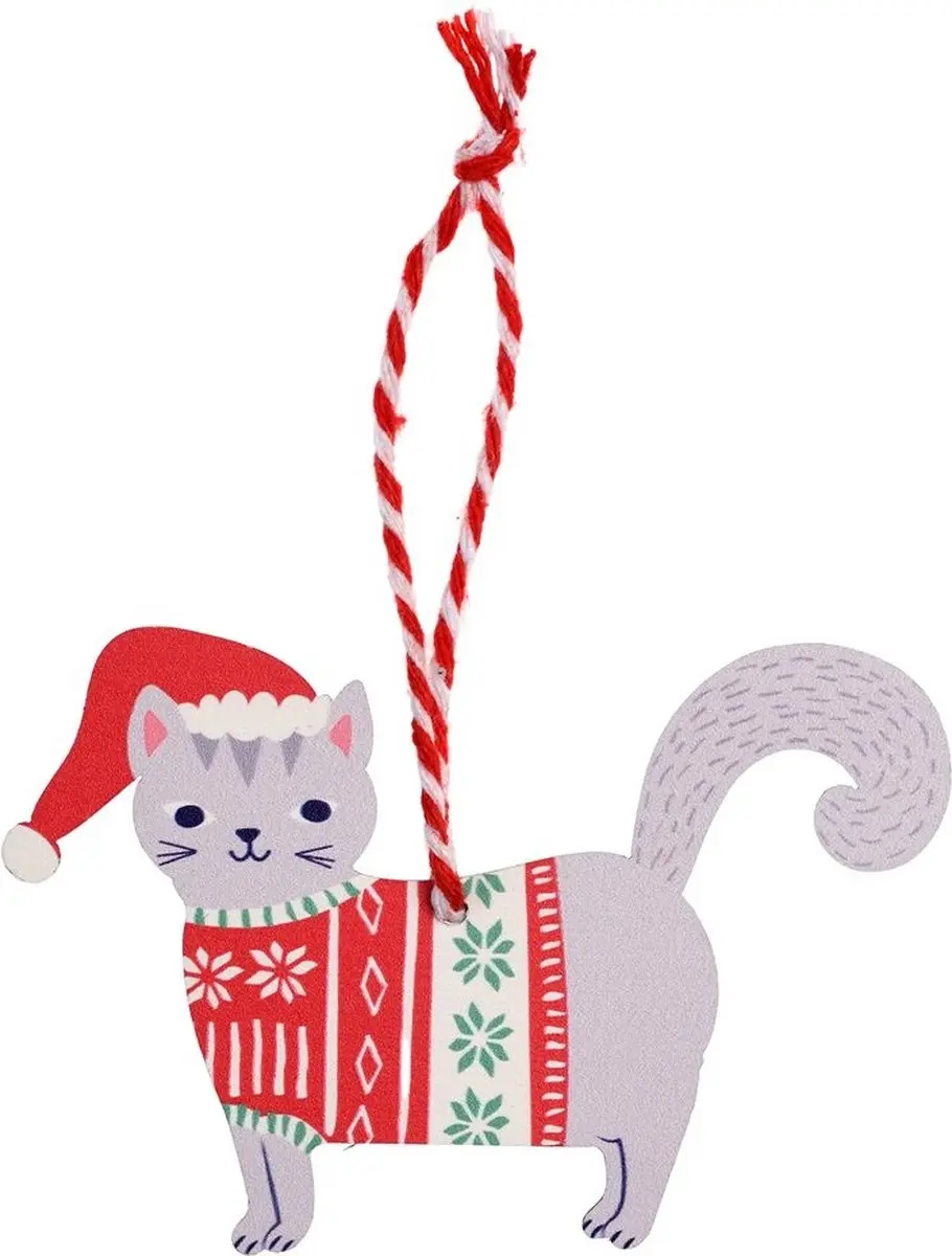Kersthanger kat kerstbal hout