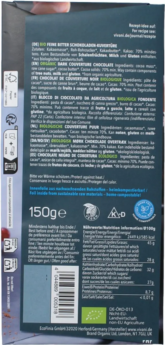 Vivani Dark Cooking Chocolate Bio 150g