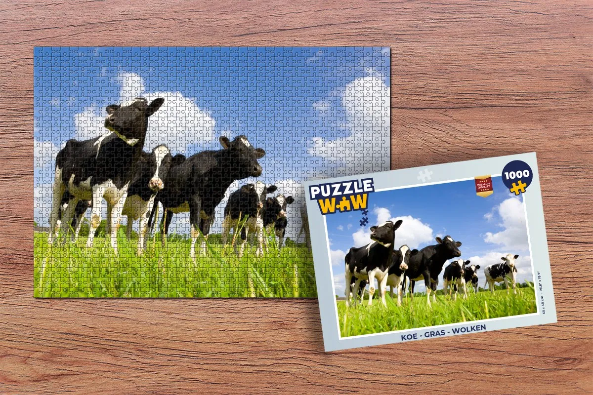 PuzzleWow Legpuzzel Koe - Gras - Wolken 1000 Stuks - Multicolor