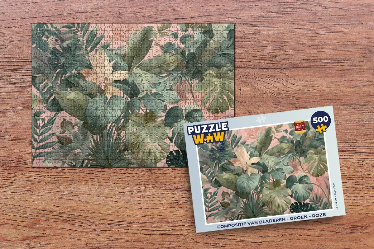 PuzzleWow Legpuzzel 500 Stuks - Bladeren Compositie Groen Roze