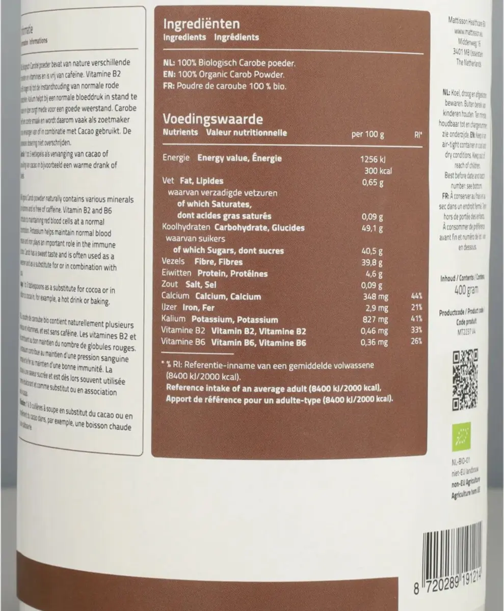 Mattisson Biologisch Carobepoeder 400g
