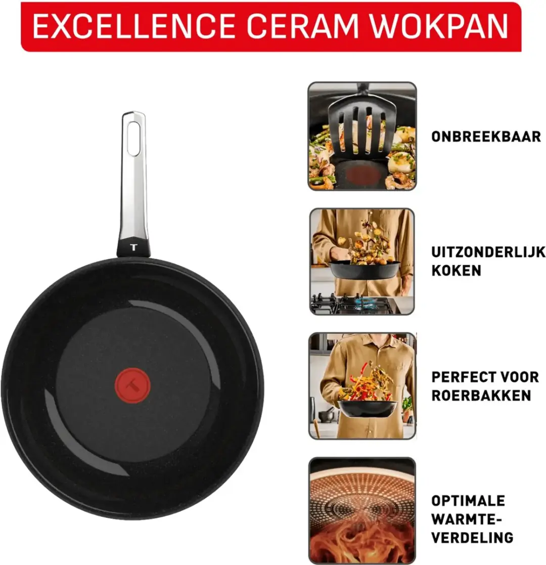 Tefal Excellence Keramische Wok 28cm - Zwart - afbeelding 3 van 6