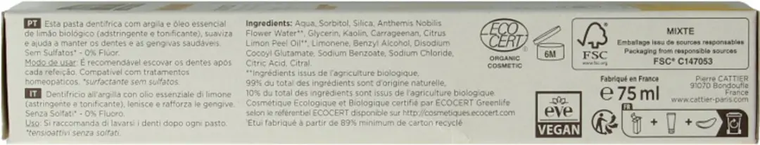 Cattier Tandpasta Klei Citrus 75ml