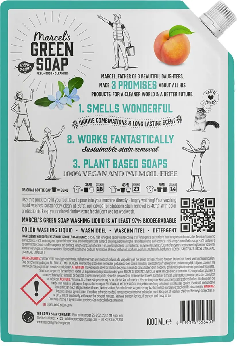 Marcel's Green Soap Wasmiddel Navul Kleur Perzik & Jasmijn 1L - afbeelding 6 van 6