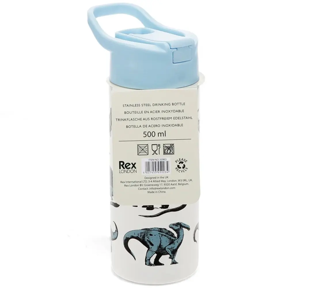 Rex London Dino Drinkfles RVS - Blauw/Wit/Grijs