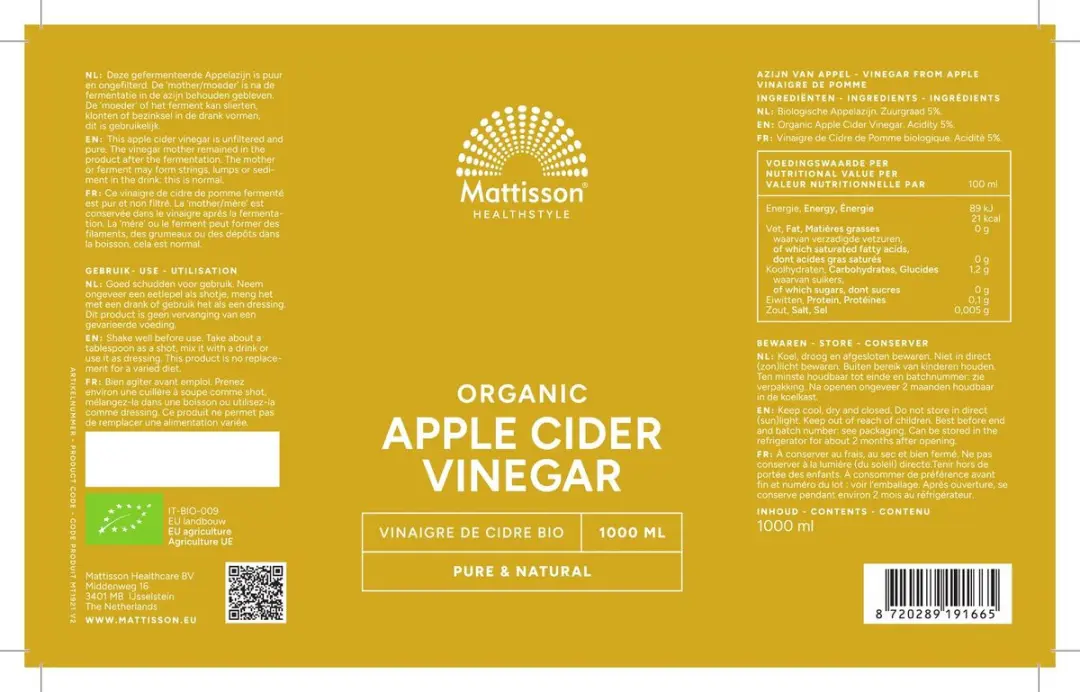 Mattisson Biologische Appelazijn 1000ml - Puur & Vegan