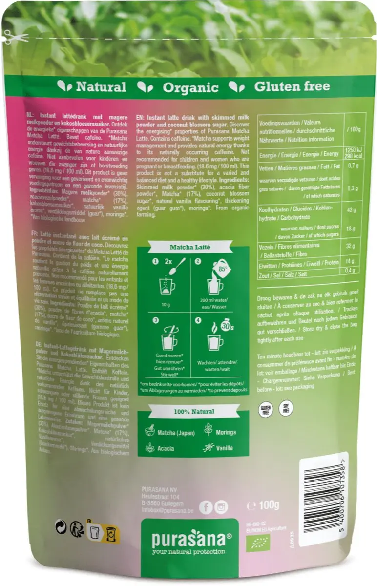 Purasana Biologische Matcha Latte Poeder 100g