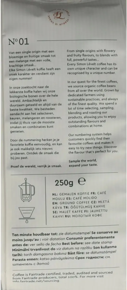 Simon Lévelt Dolce Premium Organic Coffee Snelfiltermaling 250g - afbeelding 4 van 6