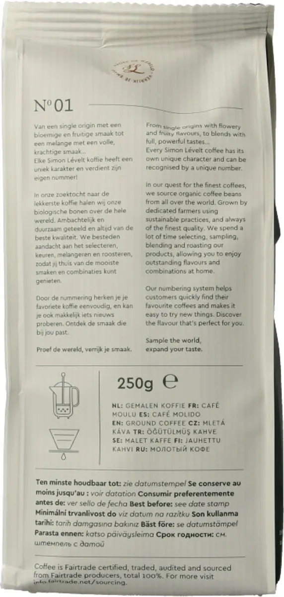 Simon Lévelt Dolce Premium Organic Coffee Snelfiltermaling 250g - afbeelding 3 van 6