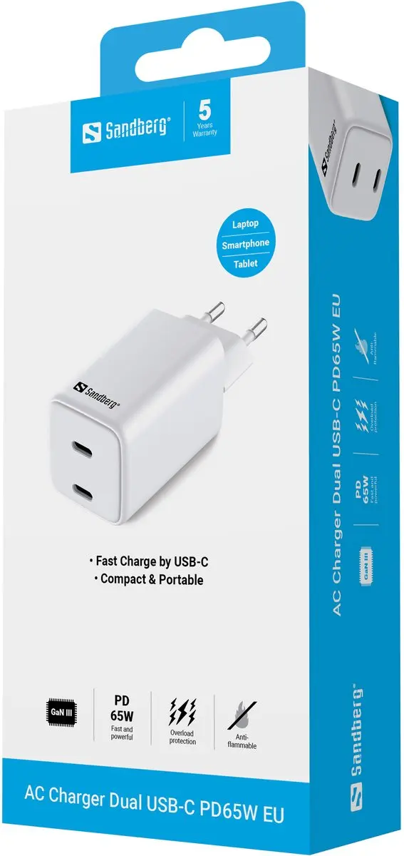 Sandberg AC-oplader 65W PD - 2x USB-C - Wit - afbeelding 5 van 6