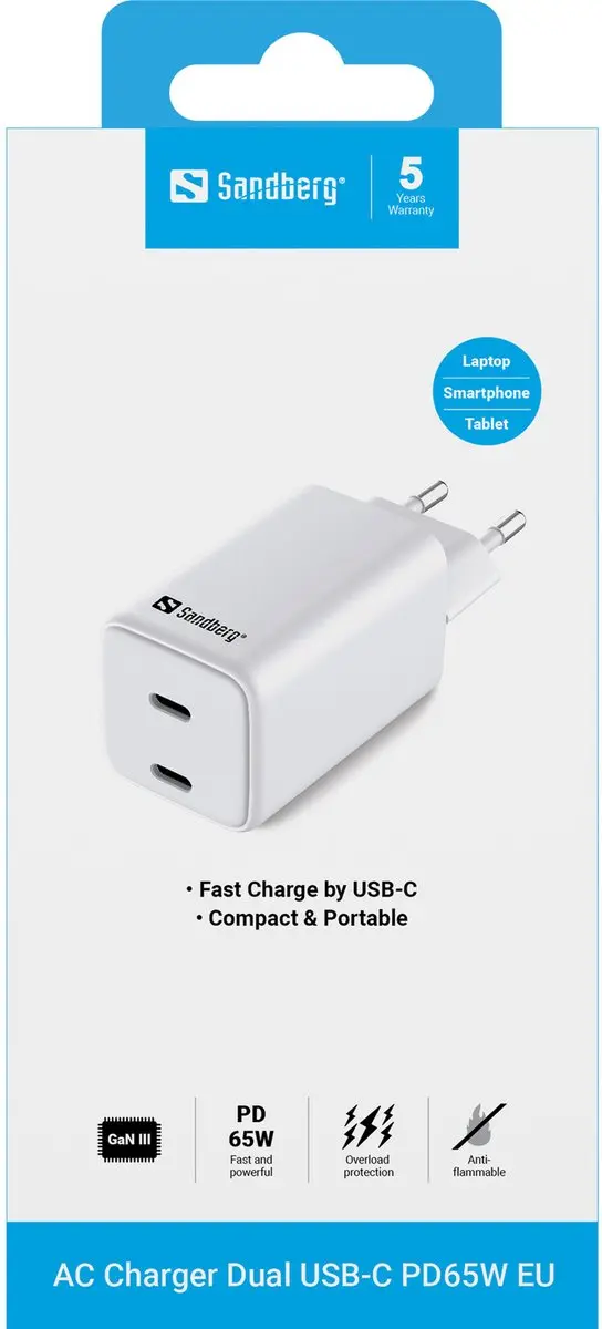 Sandberg AC-oplader 65W PD - 2x USB-C - Wit - afbeelding 4 van 6