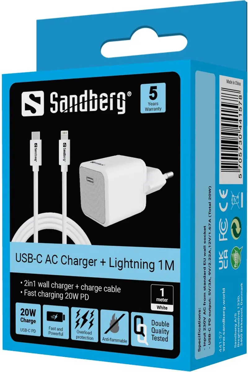 Sandberg 441-57 Oplader 20W - USB Type-C - Wit - afbeelding 4 van 4