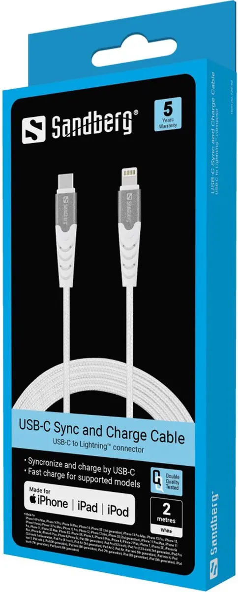 Sandberg USB-C PD to Lightning MFI 2M PRO - Wit - afbeelding 2 van 3