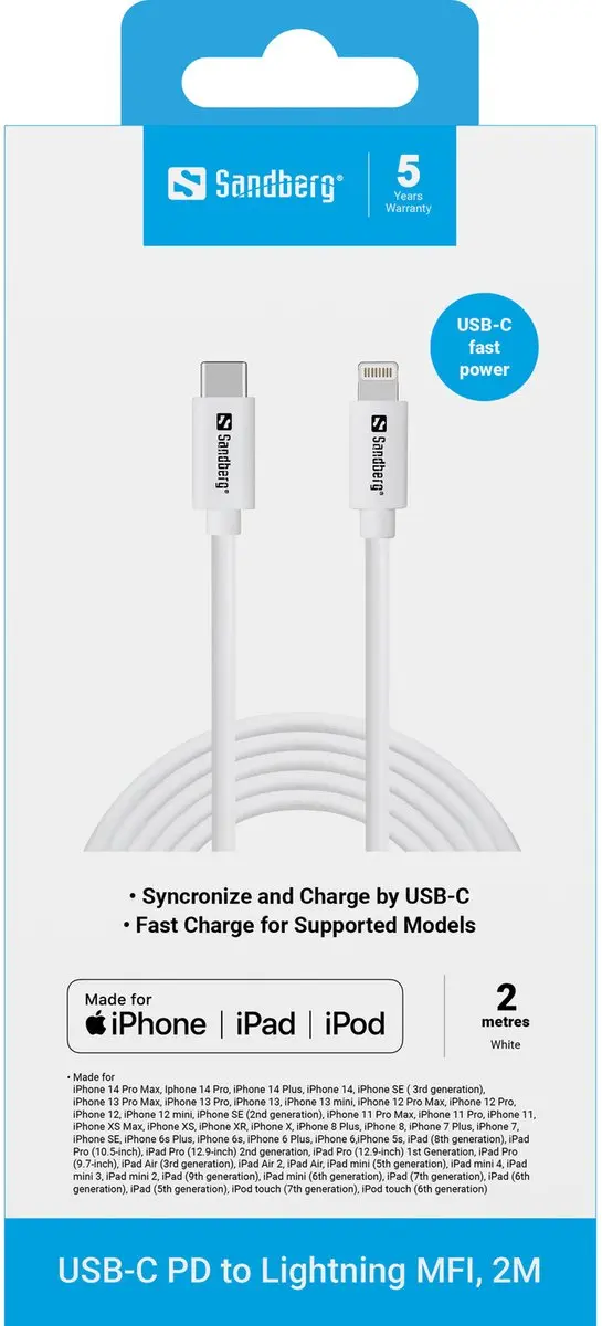Sandberg 136-59 Lightning-kabel 2m - Wit - afbeelding 3 van 4