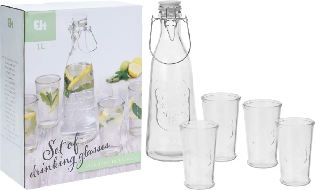Glazen karaf (1000ML) met 4 glazen (250ml)