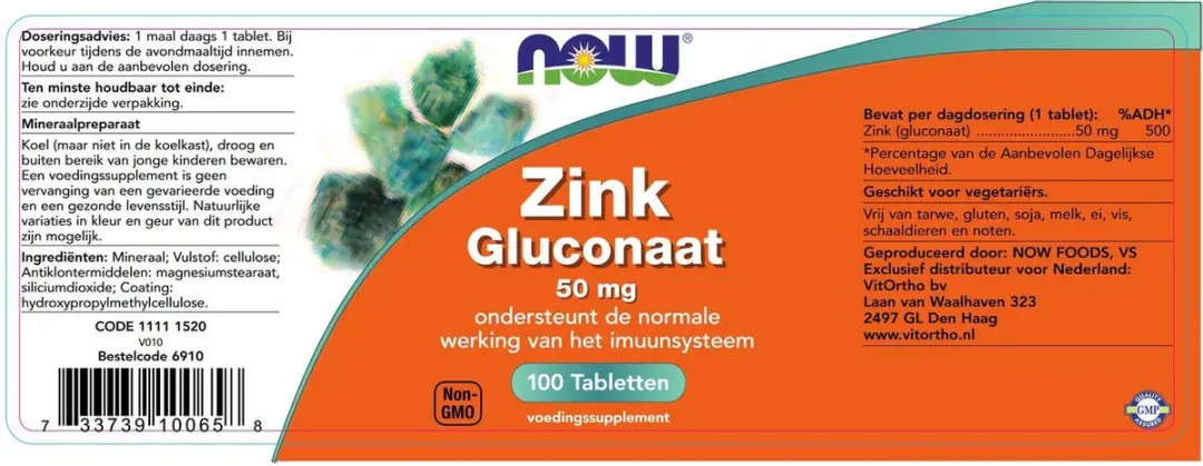 Now Foods Zink Gluconaat 50mg - 100 Tabletten