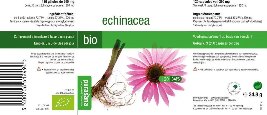Purasana Bio Echinacea 215mg - 48 Stuks - afbeelding 2 van 6