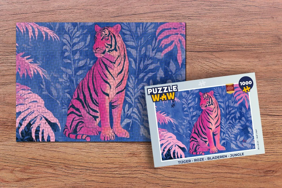 PuzzleWow Tijger Jungle Legpuzzel 1000 Stuks - Roze/Bladeren