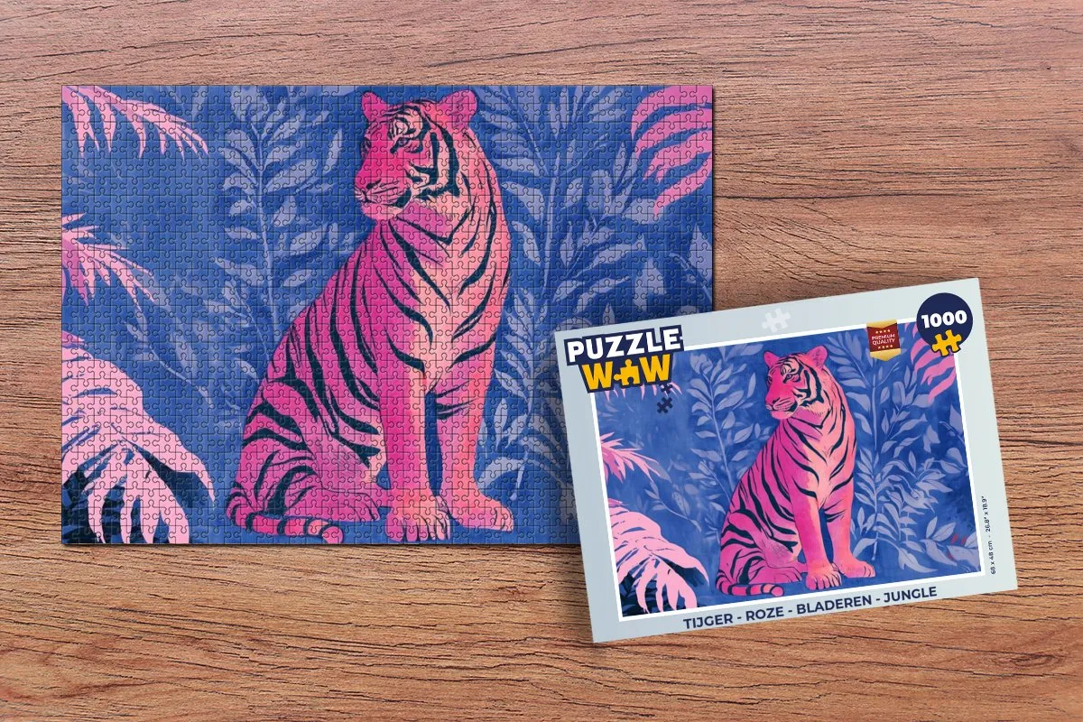 PuzzleWow Tijger Jungle Legpuzzel 1000 Stuks - Roze/Bladeren