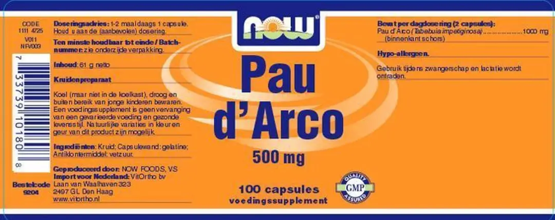 Now Pau D'Arco 500mg - 100 Capsules - afbeelding 6 van 6