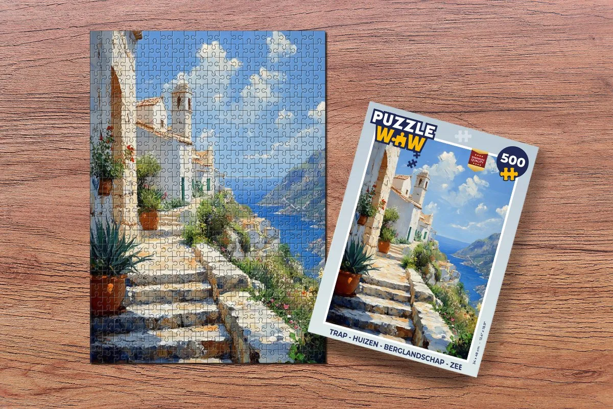 PuzzleWow Trap Huizen Berglandschap Zee Legpuzzel 500 Stuks