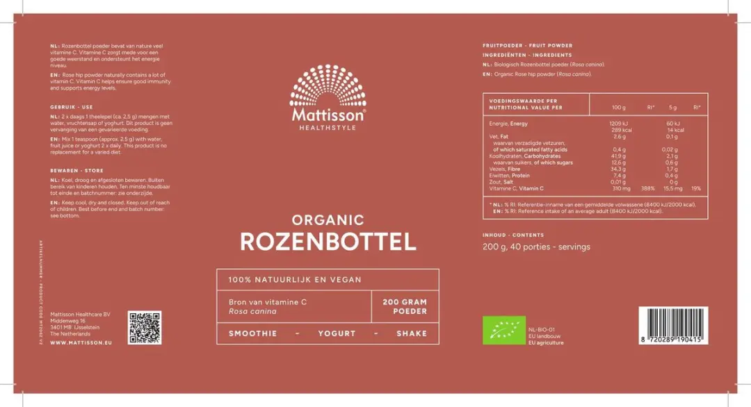 Mattisson Rozenbottelpoeder - Voedingssupplement 200g