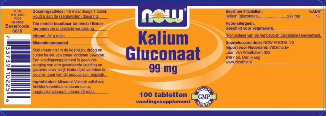 Now Foods Kalium Gluconaat 99mg - 100 Tabletten