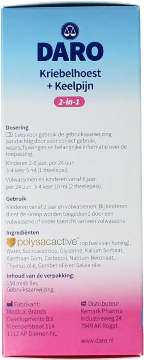 Daro 2-in-1 Kriebelhoest & Keelpijn 150ml