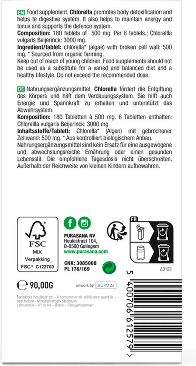 Purasana Chlorella 120 Capsules - afbeelding 3 van 6