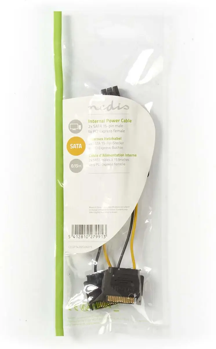 Nedis CCGP74205VA015 Voedingskabel - 2x SATA 15-Pins Male - PCIe Female - 0,20m - Geel/Zwart - afbeelding 2 van 6