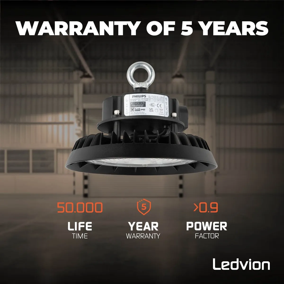 Ledvion LED High Bay 100W 4000K - 185lm/W IP65 Zwart - afbeelding 6 van 6