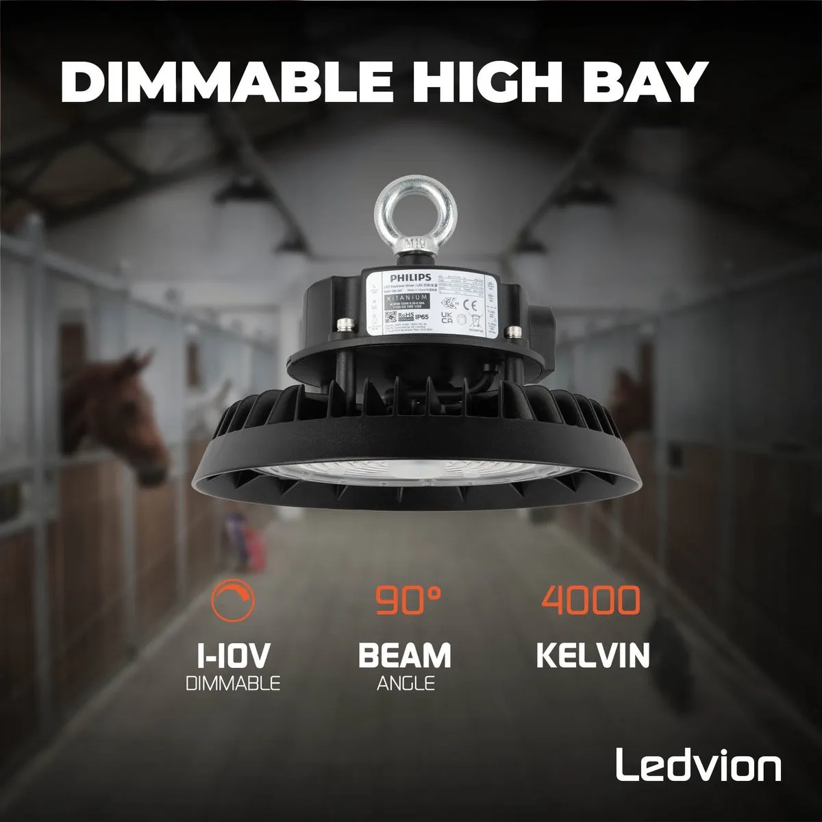 Ledvion LED High Bay 100W 4000K - 185lm/W IP65 Zwart