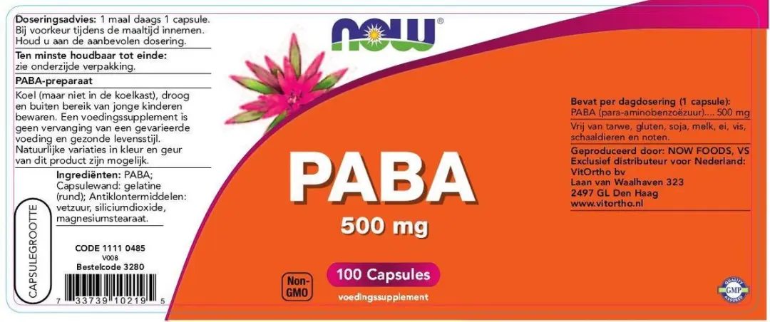 Now Foods PABA 500mg Capsules - 100 Stuks - afbeelding 2 van 6